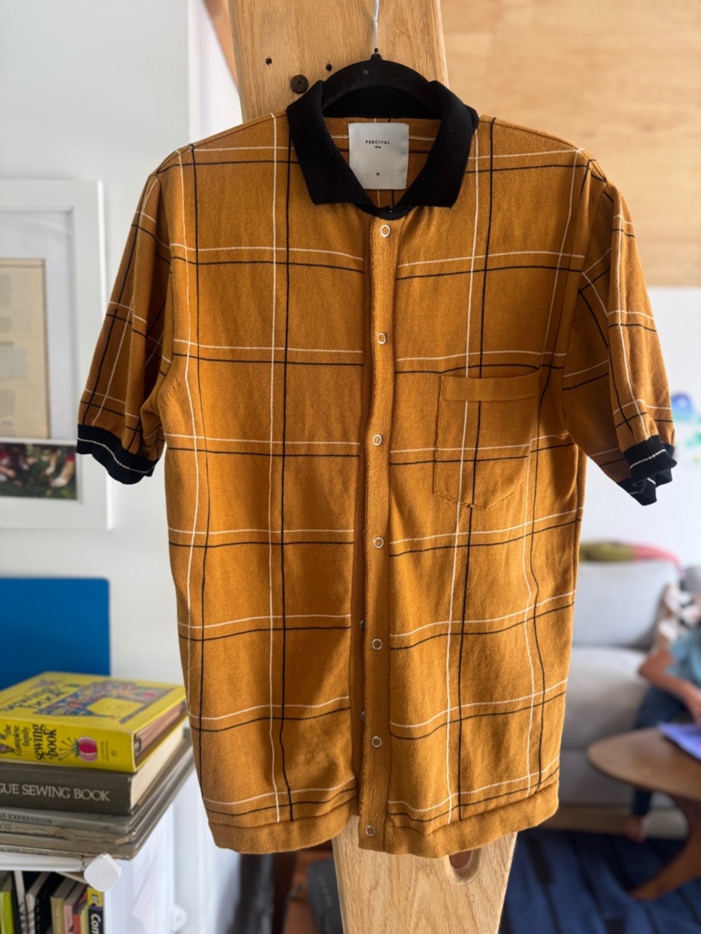 Men's Percival 100% cotton Mustard Windowpane Short Sleeve Shirt (M)